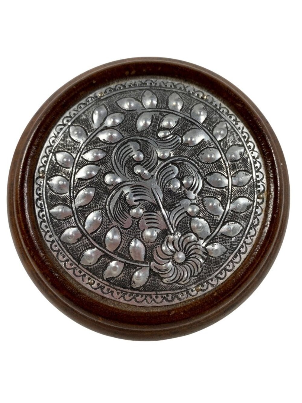 Lions Share Mango Wood Round Box Metal Lid Thailand Trinket Box 4 Inch